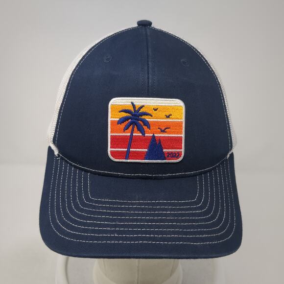 Sunset Palm Tree Patch Snapback Mesh Back Trucker Hat Blue One Size - Picture 2 of 10
